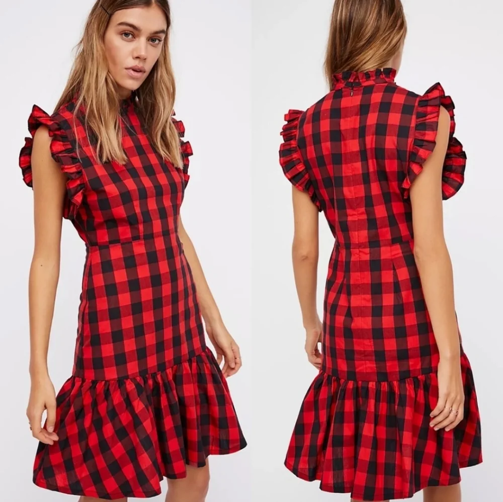 Vetiver Free People Buffalo Plaid Drop Waist Dress Women's 6 Poppy - Picture 1 of 5
